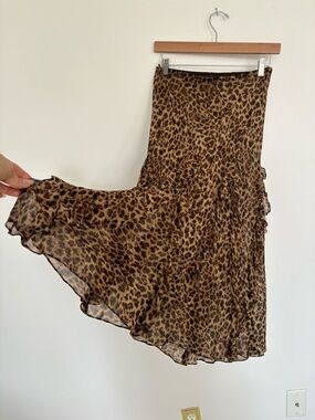Leopard Print Ruffle Midi Skirt - Brown